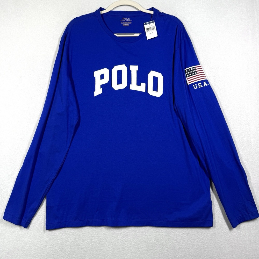 Polo Ralph Lauren Shirt Men XL Long Sleeve USA Flag Patch Logo Spellout Blue NWT